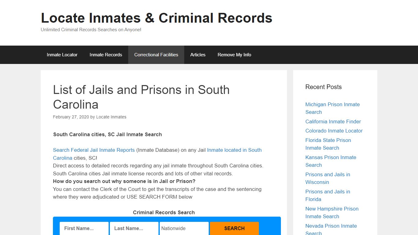 List of Jails and Prisons in South Carolina